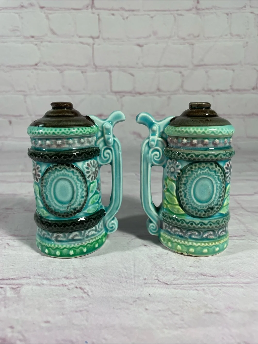 Vintage Teal Floral Ceramic Lidded Beer Stein Salt and Pepper Shaker Pair Japan